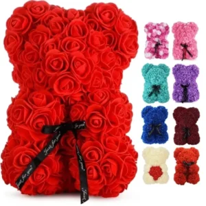 25cm Artificial Rose Teddy Bear – Decorative Gift with Ribbon