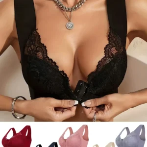 5 Pack Sexy Deep V Wireless Push-Up Lace Bras Front Closure Everyday Lingerie with Non-Removable Padding T-shirt Bras