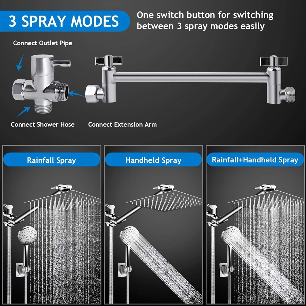 Shower Head Combo 8-12Inch High Pressure Rain Shower Head with Adjustable Extension Arm With 3-way Handheld Shower Spray - Image 5
